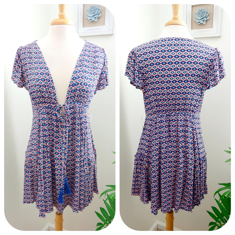 MOD Plunge Tiered Tie Front Short Sleeve Pattern Print Mini Dress Blue Small